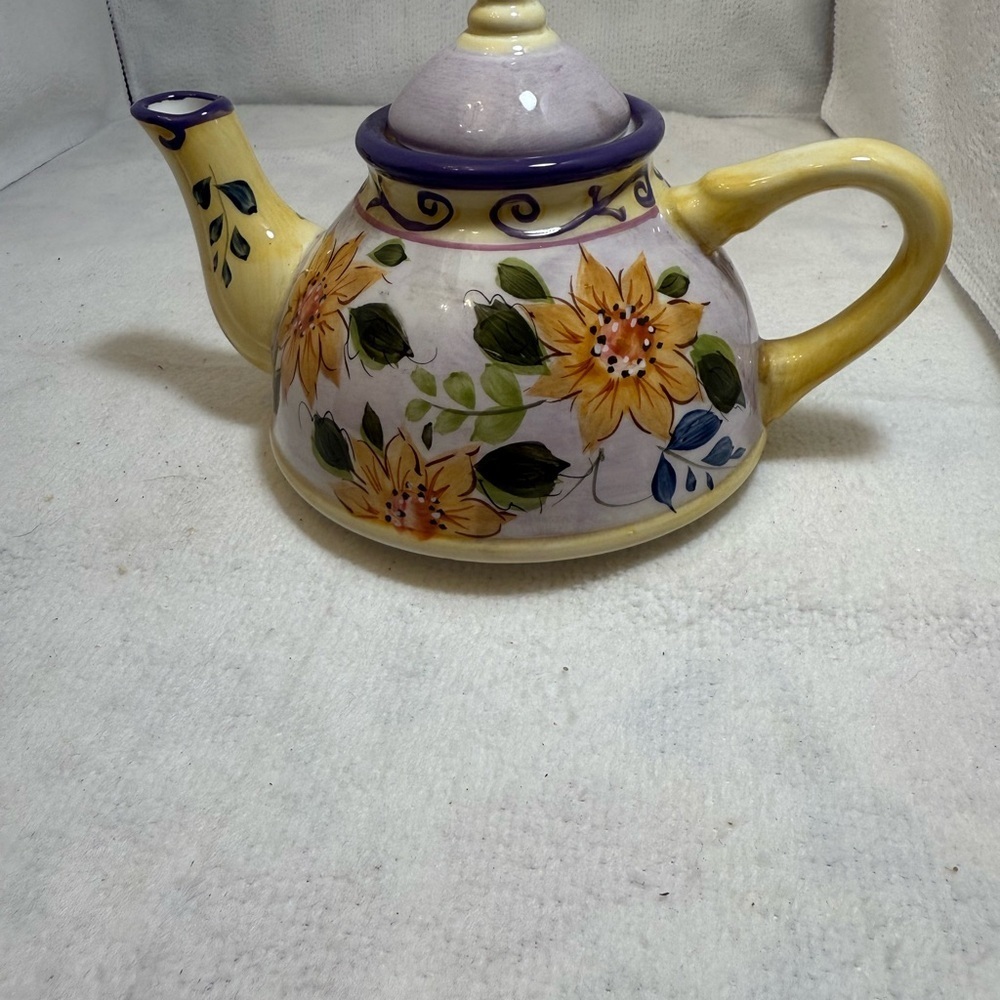Vintage Personal Size Floral Ceramic Teapot with Yellow and Purple Accents